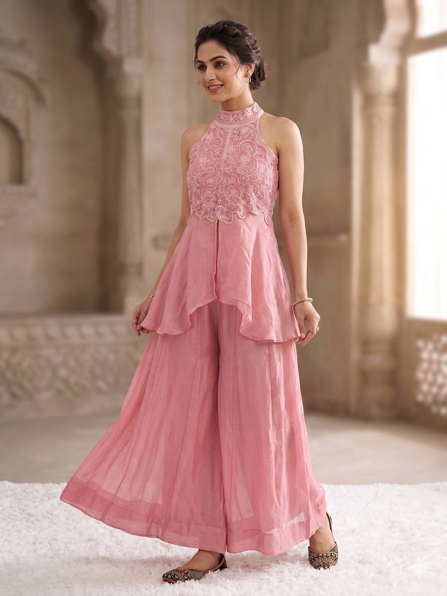 Elegant Blush Pink Peplum Kurti and Flared Palazzo Set Embellished with Delicate Resham Embroidery and Mirror Work